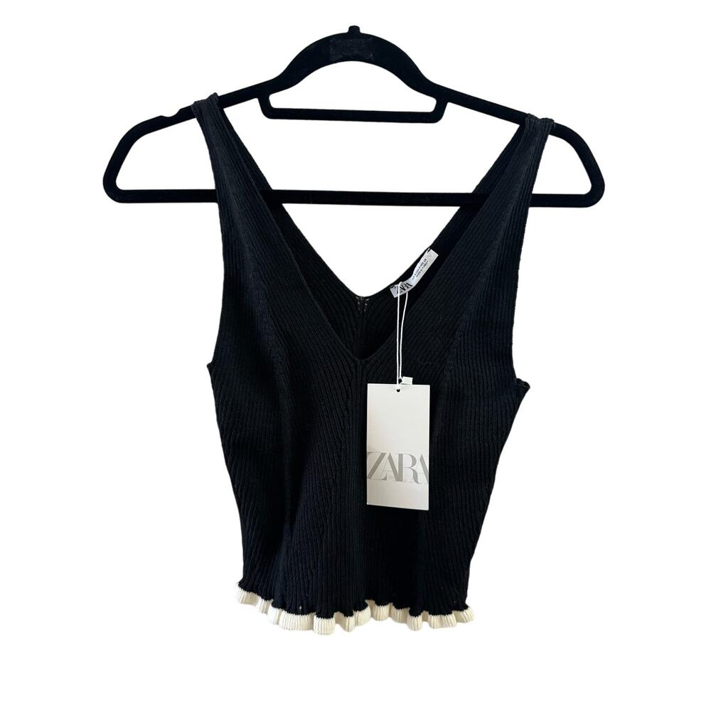 Zara Knit Crop Top Black with Scalloped Bottom Womens Size Small NWT
